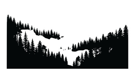 Black silhouette of a dense pine forest landscape against a white background © vectorrr