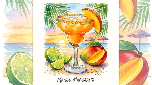 Fresh mango margarita cocktail in a glass with lime slices and tropical palm leaves on a sunny beach sunset background