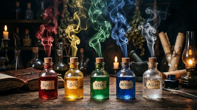 Five colorful magic potion bottles with swirling smoke on a rustic wooden table