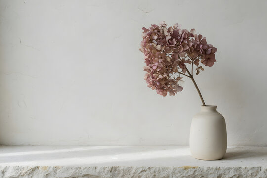 Dried hydrangea in ceramic vase window light