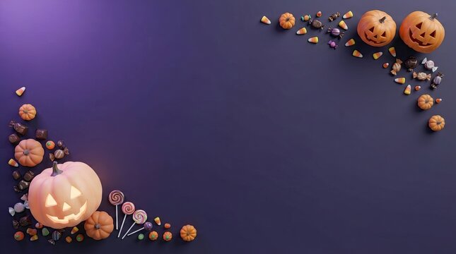 Halloween pumpkins and sweet candies on a dark purple background