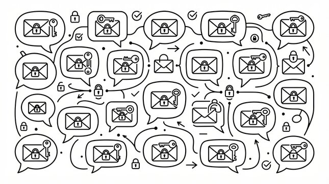 Doodle pattern of secure email envelopes with locks and keys