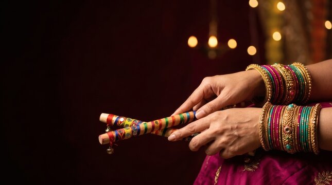 Festive Indian Hands with Dandiya Sticks and Colorful Bangles