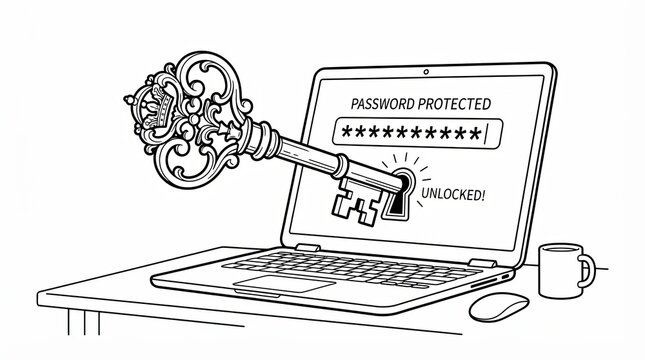 Vintage key unlocking a laptop computer screen with password access