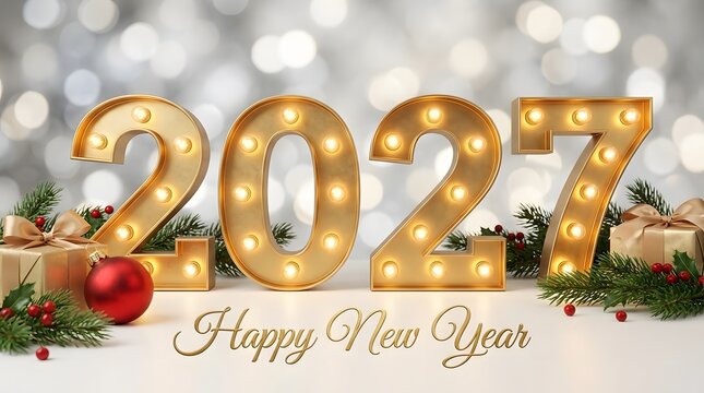 Happy new year 2027 sign with glowing lights and gifts