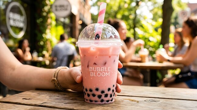 A hand holding a delicious pink strawberry bubble tea with tapioca pearls in a bright and cozy outdoor garden cafe