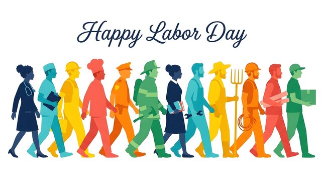 Happy labor day banner with colorful walking workers