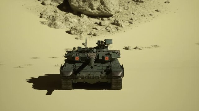 Desert armored vehicle moving in patrol formation, orderly pace across sand, scanning turret and vigilant posture indicating security operation.