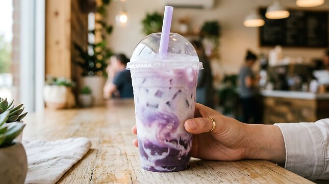 A hand holding a cold delicious sweet purple taro bubble tea drink in a plastic cup with a straw at a cozy cafe