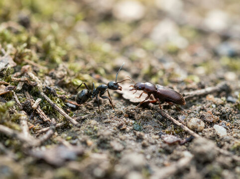 Black ant facing a brown beetle on mossy soil in hard sunlight seen up close