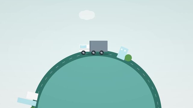 Minimalist flat animation of a cargo truck driving around the globe for global logistics concept