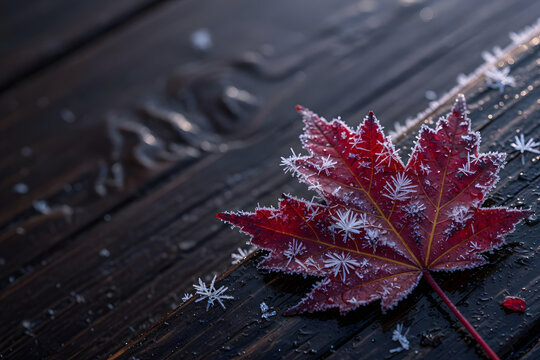 Frosted maple leaf macro on dark wood