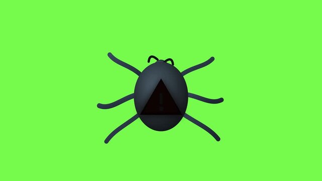 Computer bug icon with warning symbol on green screen for cybersecurity and system error concepts