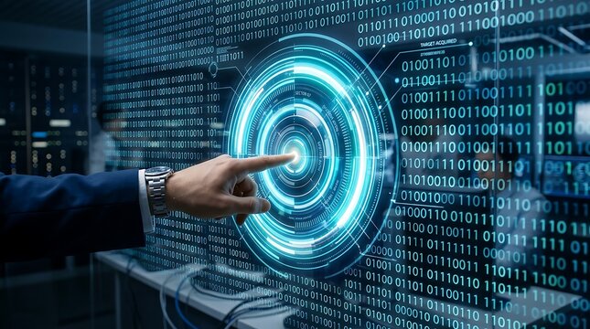 Businessman touching digital interface with glowing data circles and binary code background