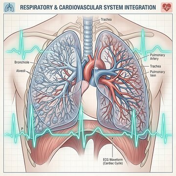 Respiratory and cardiovascular system integration medical diagram with ECG waveform