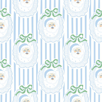 Blue striped Christmas seamless pattern with Santa Claus face into lace frame. Vector grand millennial winter holiday, coquette New Year season background, wallpaper, textile design, gift paper, print