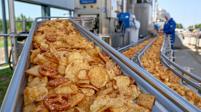 Wide cinematic view of a huge snack manufacturing facility with multiple conveyor belts carrying chips, crackers, pretzels and puffed snacks, workers in protective clothing supervising automated equ