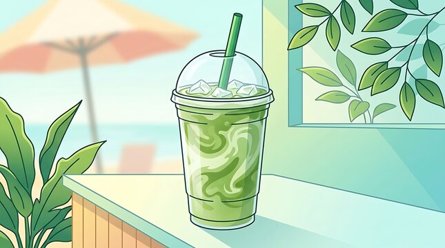 A refreshing cold green matcha iced latte in a plastic cup with a straw sitting on a table in a sunny coffee shop