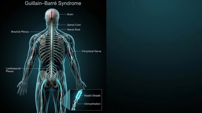 Medical Illustration of Guillain-Barre Syndrome Showing Nerve Damage and Demyelination