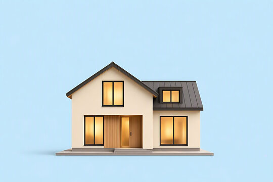 A charming 3D model of a modern suburban house with glowing warm lights in the windows against a clean blue background