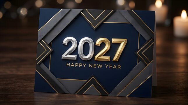 Happy new year 2027 greeting card with gold and silver text