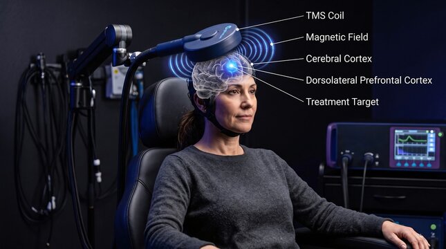 Conceptual Illustration of Transcranial Magnetic Stimulation (TMS) Treatment for Brain Health