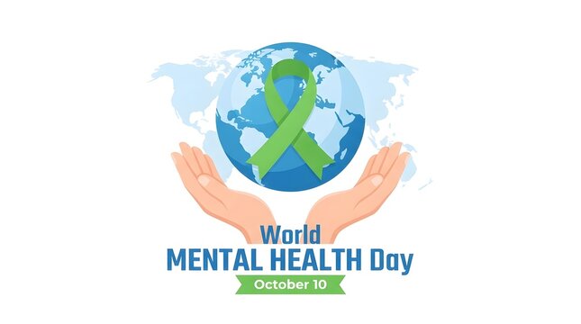 A conceptual illustration featuring a globe held by hands with a green ribbon representing support and awareness for the annual world mental health day event