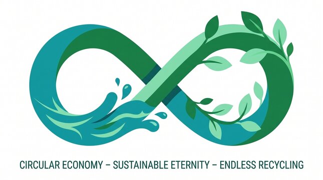 Sustainable circular economy infinity symbol with water and green leaves