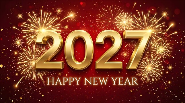 2027 happy new year gold numbers with bright fireworks