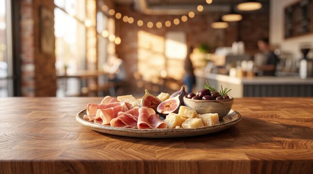 Charcuterie platter with prosciutto slices cubed cheese fresh figs and dark olives on a round ceramic plate set on a textured wooden table in a blurred restaurant interior with warm string lighting