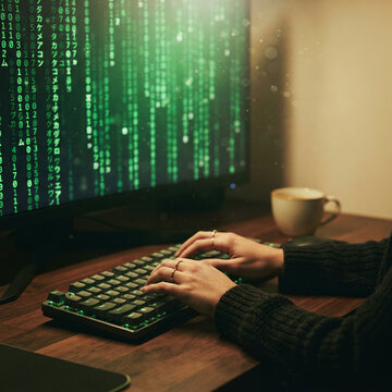 Hands typing on a mechanical keyboard before a green code filled monitor