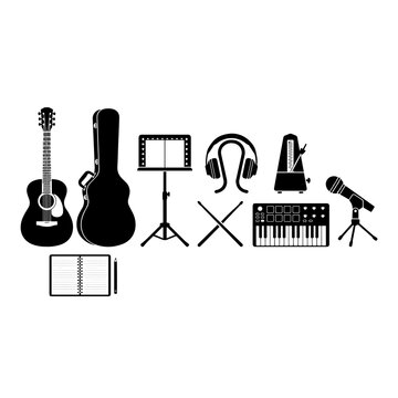 Music instruments and studio audio gear vector silhouette icon set with notebook