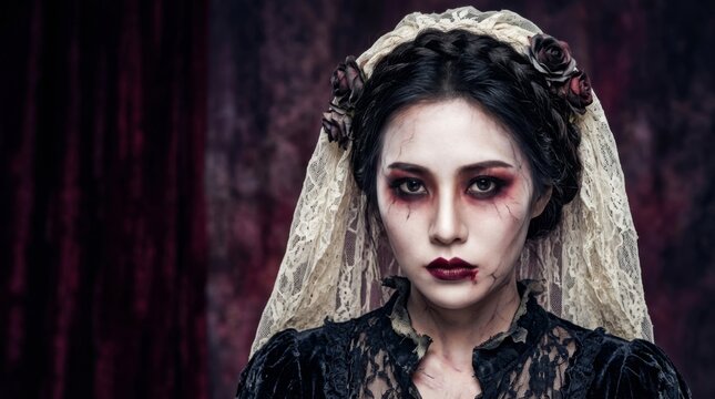 Asian woman in a spooky ghost bride costume, wearing a gothic veil and terrifying makeup. A Halloween portrait of a zombie bride. A sinister dead bride look for a festive party.