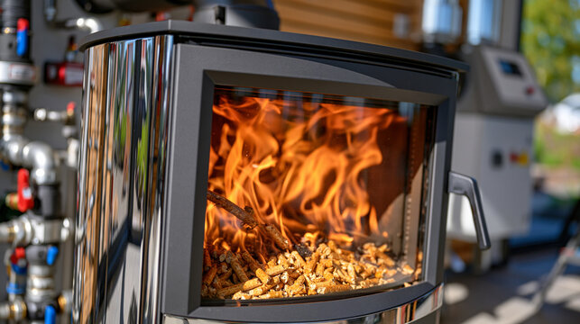Detailed side view of a modern wood pellet stove during active combustion, glowing orange flames visible behind heat resistant glass, pellets feeding steadily into the burner, polished contemporary 