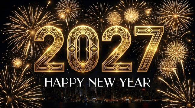 Gold 2027 happy new year text with bright fireworks