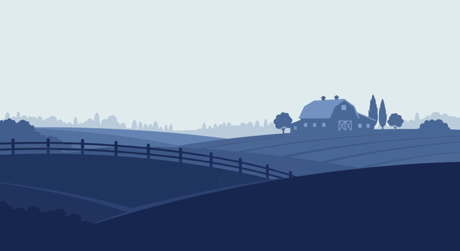 Minimalist rural landscape vector, blue monochrome farm scenery with barn and rolling hills, peaceful countryside silhouette illustration isolated on White Background