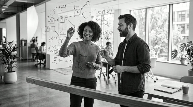 Coworkers discussing handwritten diagrams on a glass whiteboard in a monochrome office