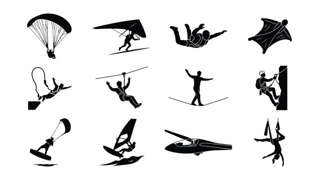 Collection of extreme sports and parachuting silhouettes