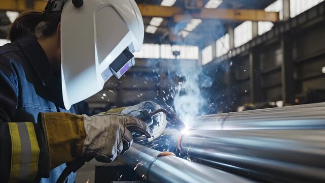 Worker welds metal pipe creating sparks in factory. Industrial welding with sparks on metal pipe. Factory worker uses welding helmet. Metal fabrication shows sparks during pipe welding process.