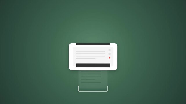 Minimalist Flat Animation of a White Printer Outputting a Document on a Green Background