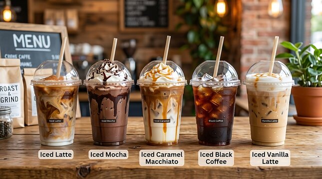 Five different cold iced coffee drinks in plastic cups with straws lined up on a wooden table in a cozy coffee shop