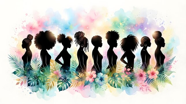 A beautiful artistic illustration featuring diverse women silhouettes with vibrant watercolor splashes celebrating unity and empowerment during the annual global event world mental health day