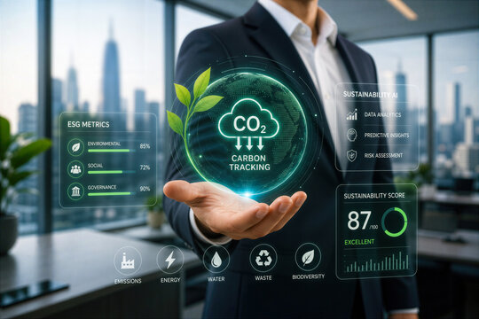 Business man presenting carbon tracking and ESG metrics dashboard with sustainability AI data analytics predictive insights and cityscape office view for corporate reporting