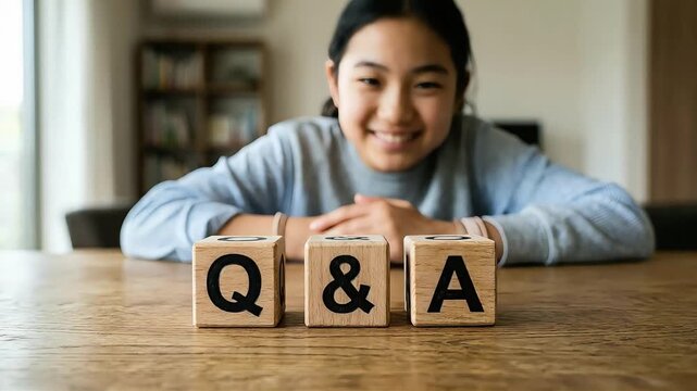 木製ブロックでQ&Aの文字を作る笑顔の女子中学生