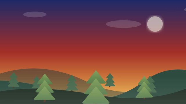 Minimalist flat design vector landscape of a forest at sunset with hills and a full moon.