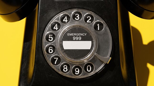 Vintage black rotary phone dial with emergency 999 text isolated on yellow background