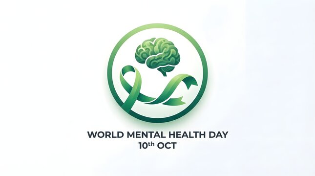 A conceptual illustration featuring a brain and green ribbon symbol for world mental health day designed to raise awareness about psychological well being and support