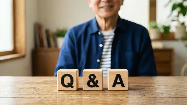 テーブル上のQ&A積み木ブロックに微笑みながら手を添えるシニア男性