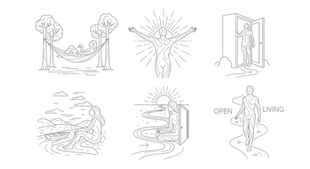 Fototapeta premium Line art scenes depicting relaxation freedom and entering a space silhouette