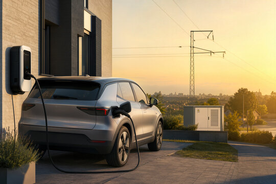 Vehicle-to-grid V2G electric SUV charging at residential bidirectional charger in European neighborhood showing energy flow to grid for heatwave resilience and blackout prevention